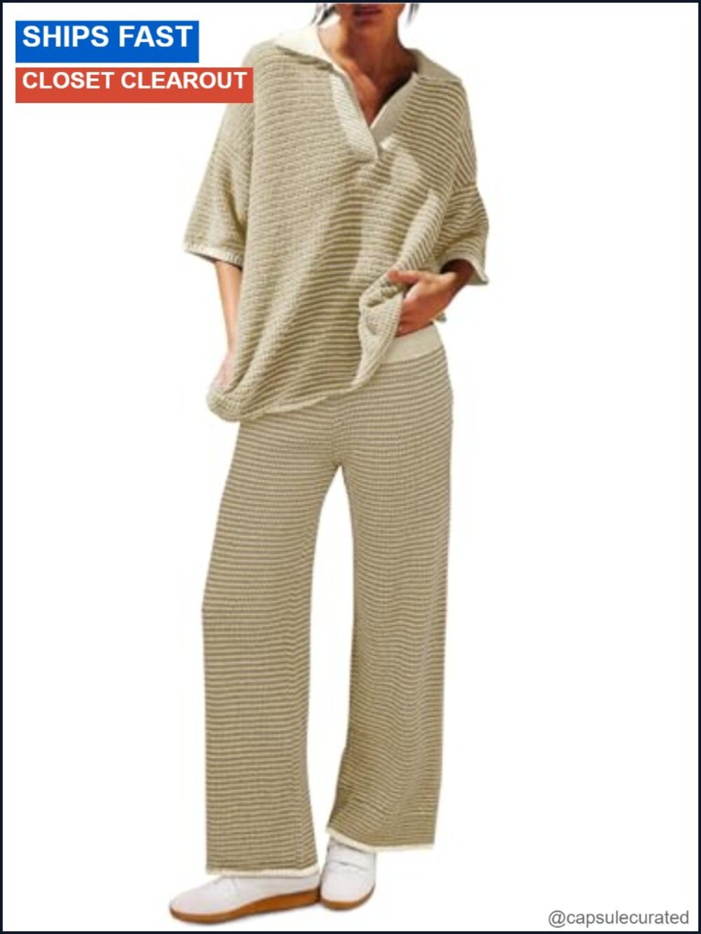 Striped Knit 2 Piece Lounge Set V Neck Top Wide Leg Pants 2025